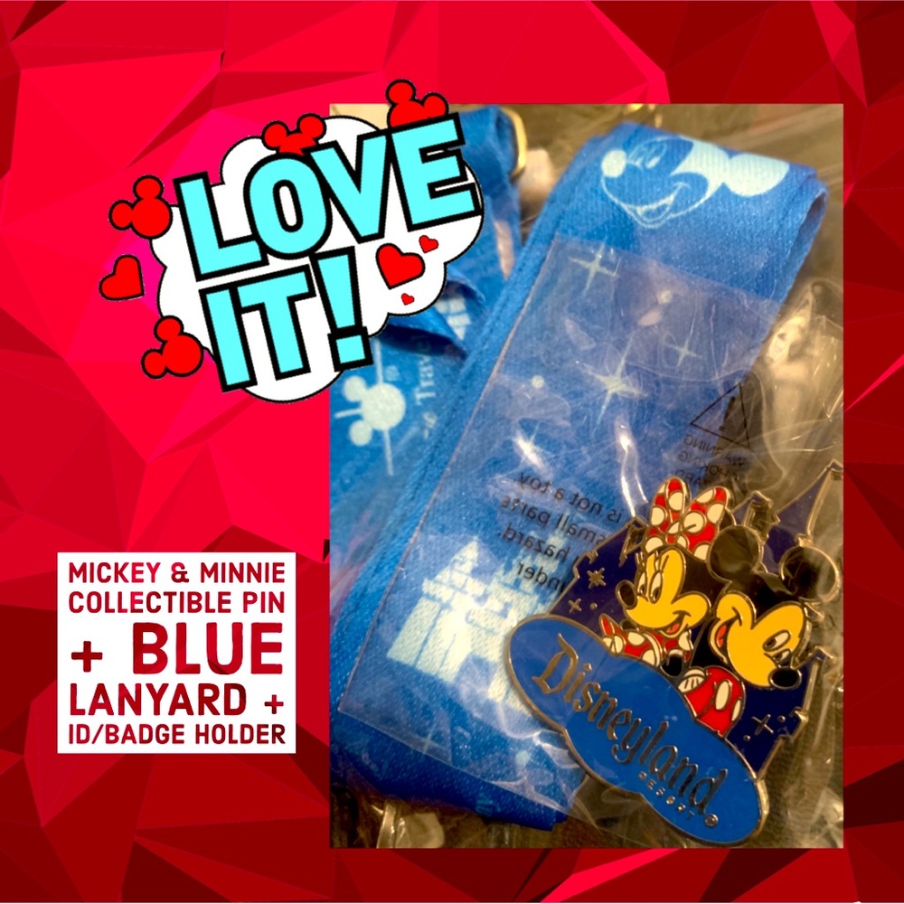 Mickey & Minnie Disney Pin, Blue Lanyard, & ID/Badge Holder